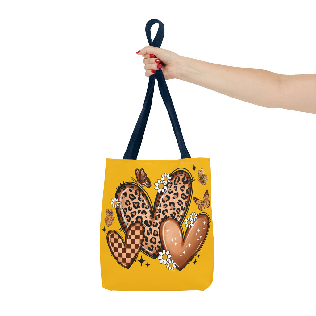 Heart Pattern Tote Bag — Leopard & Checker Hearts on Mustard (All-Over Print)