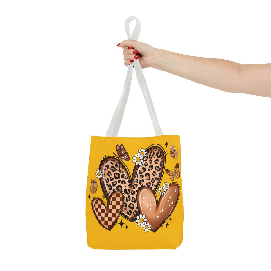 Heart Pattern Tote Bag — Leopard & Checker Hearts on Mustard (All-Over Print)