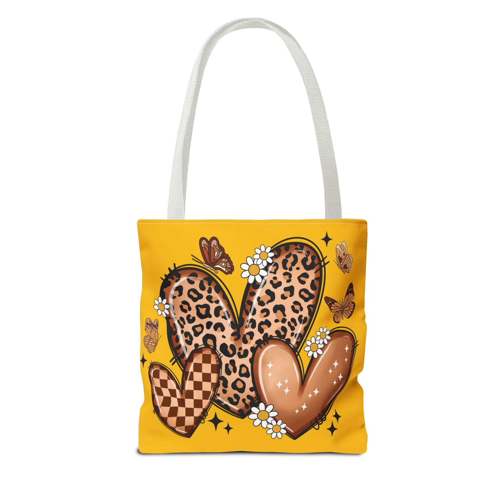 Heart Pattern Tote Bag — Leopard & Checker Hearts on Mustard (All-Over Print)