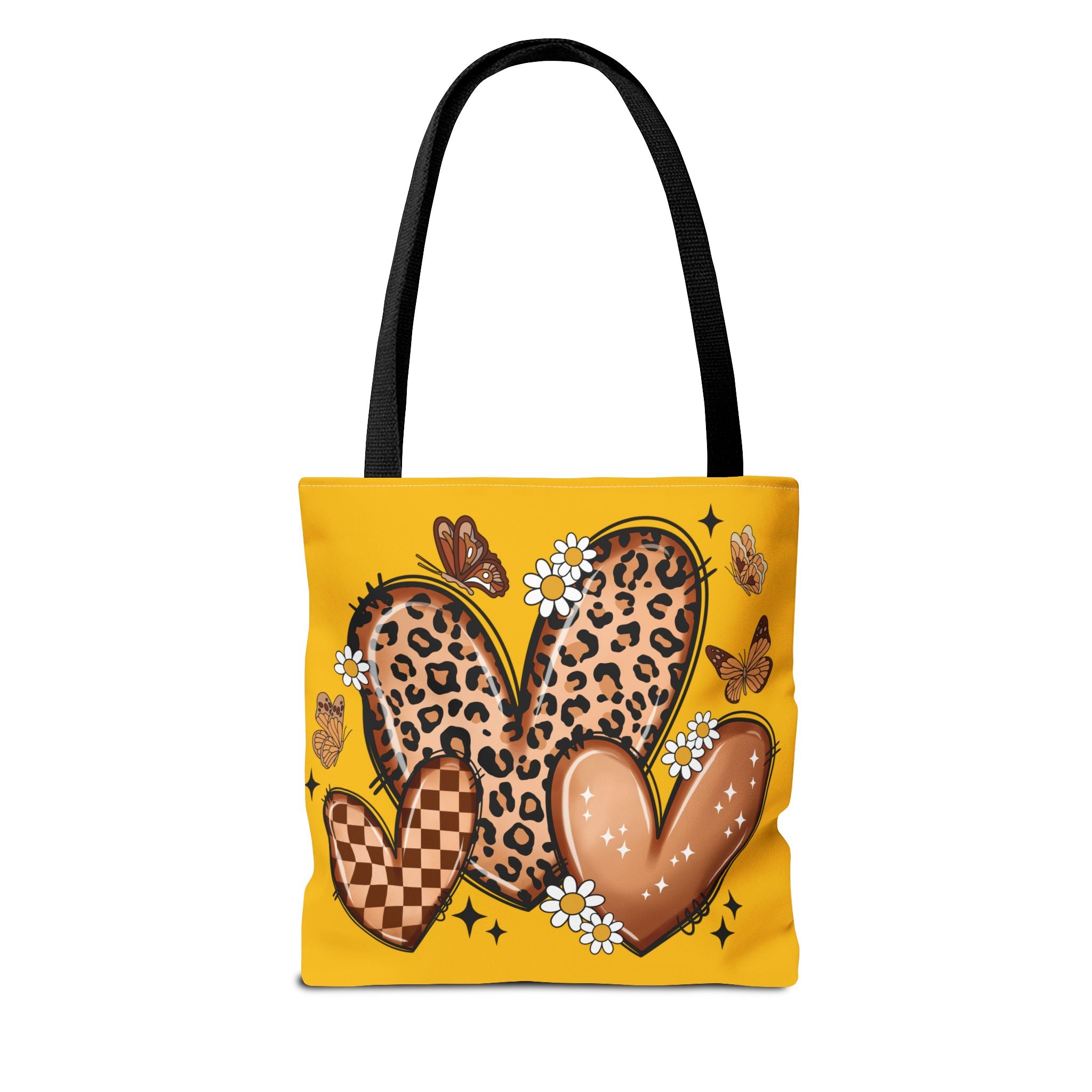 Heart Pattern Tote Bag — Leopard & Checker Hearts on Mustard (All-Over Print)