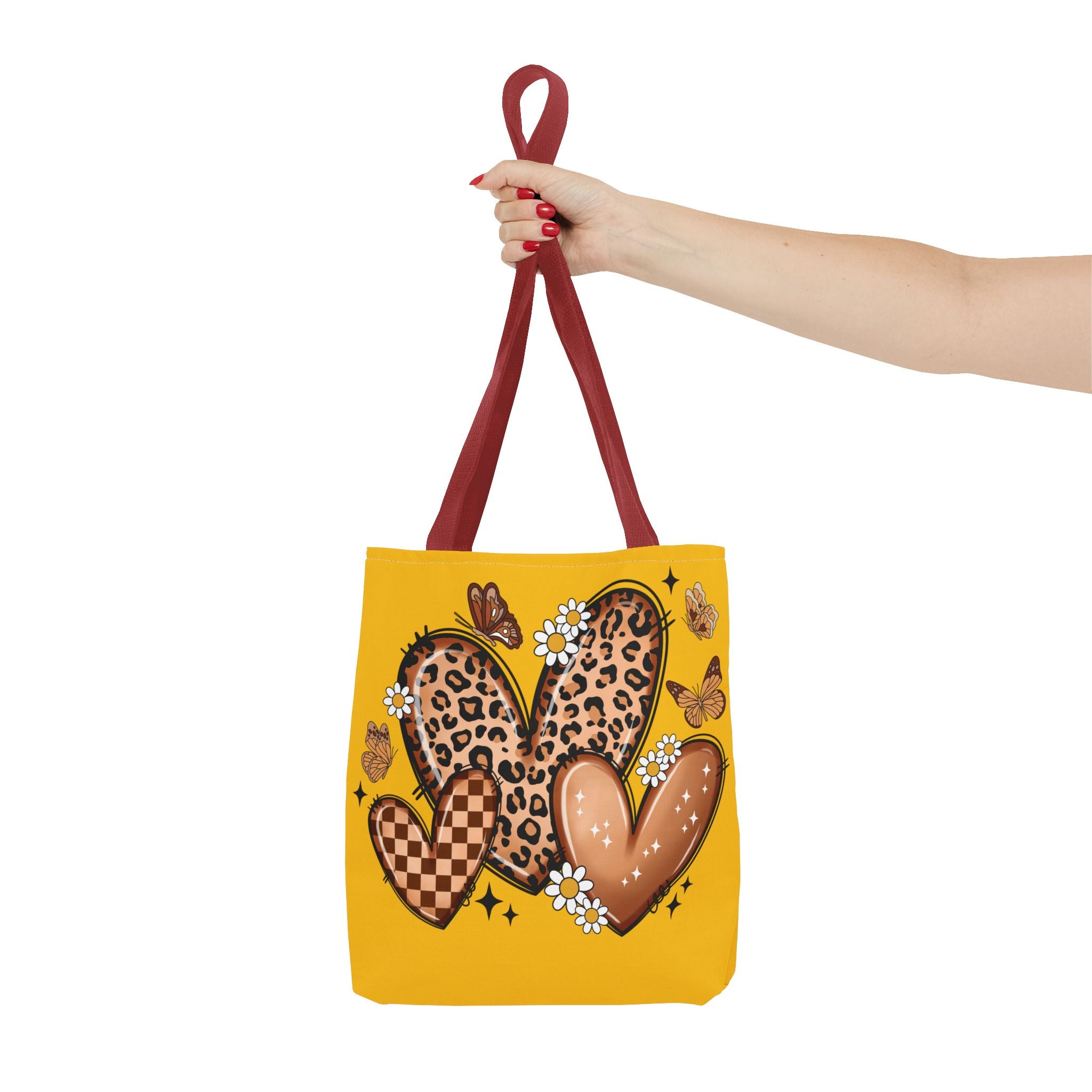 Heart Pattern Tote Bag — Leopard & Checker Hearts on Mustard (All-Over Print)