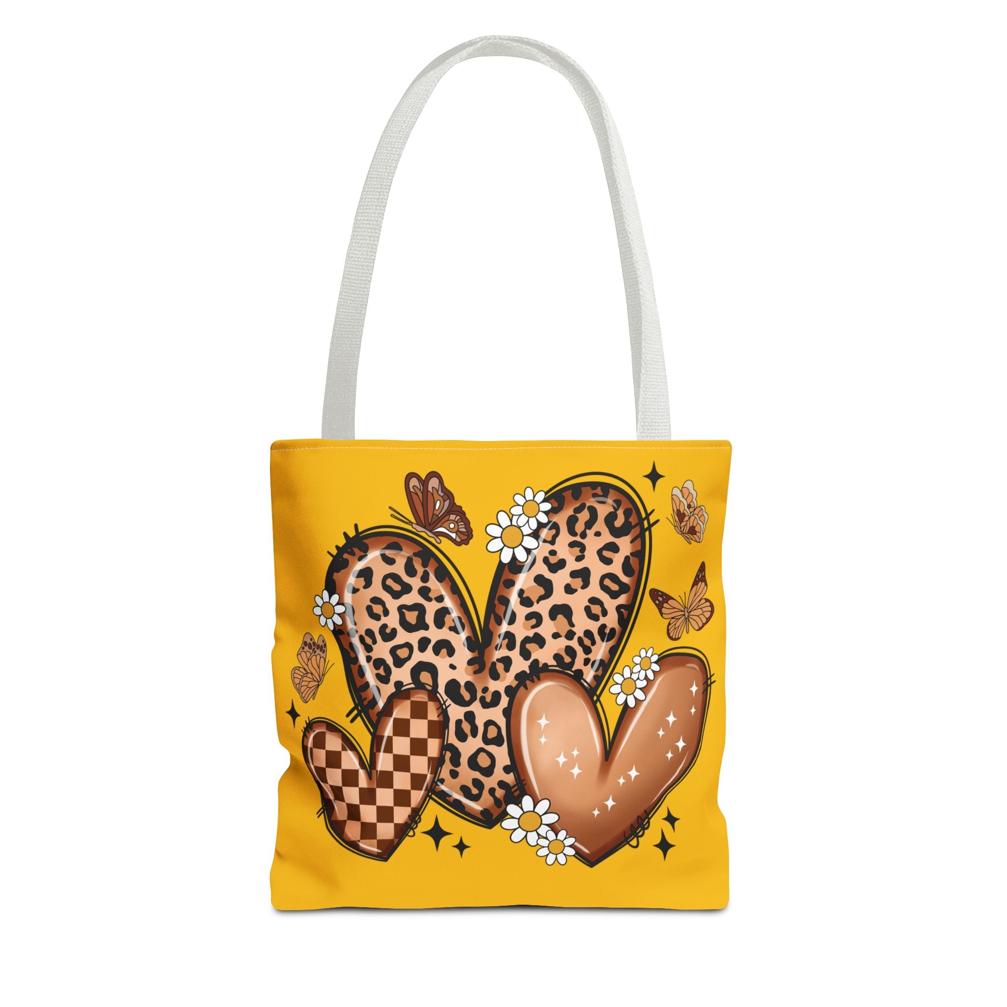 Heart Pattern Tote Bag — Leopard & Checker Hearts on Mustard (All-Over Print)