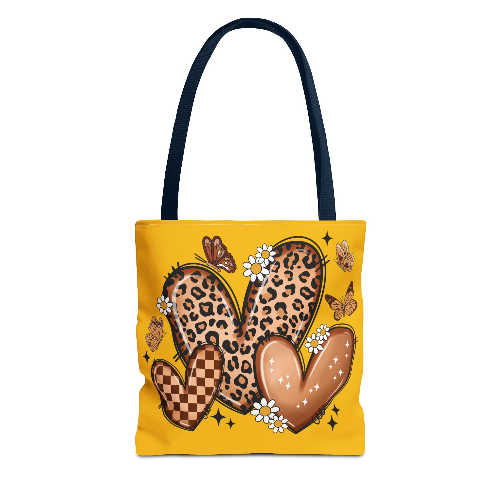 Heart Pattern Tote Bag — Leopard & Checker Hearts on Mustard (All-Over Print)